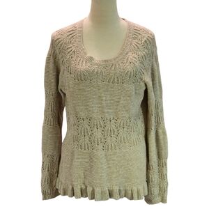 DKNY Beige Open Knit Lace Crochet Sweater Tapered Sleeves Ribbed Cuffs Women L